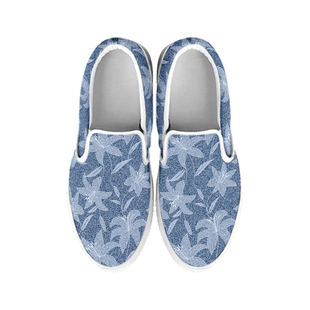 Floral Denim Jeans Pattern Print White Slip On Shoes