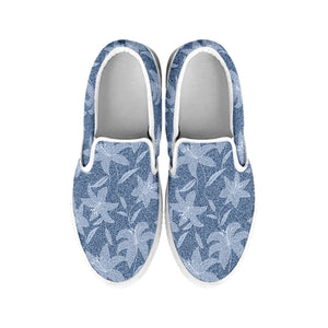 Floral Denim Jeans Pattern Print White Slip On Shoes