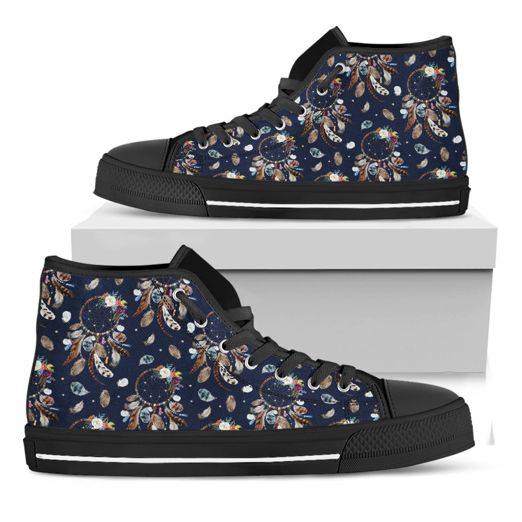 Floral Dream Catcher Pattern Print Black High Top Shoes