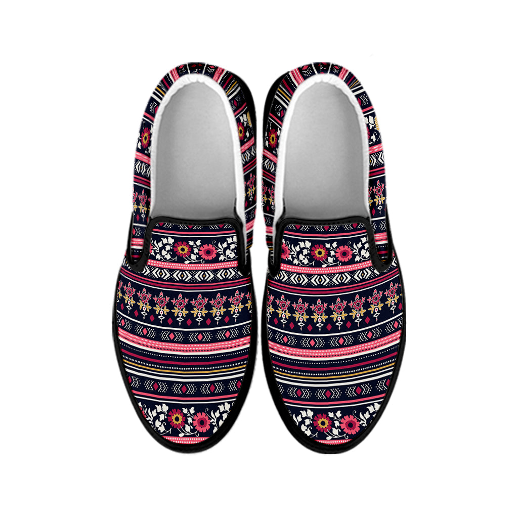 Floral Ethnic Pattern Print Black Slip On Shoes