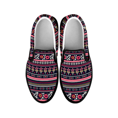 Floral Ethnic Pattern Print Black Slip On Shoes