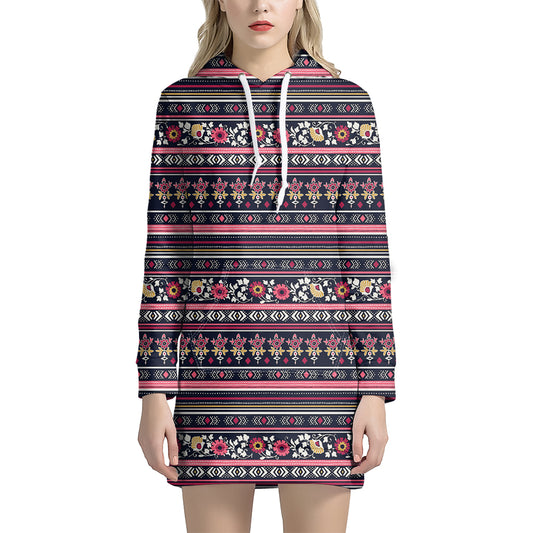 Floral Ethnic Pattern Print Hoodie Dress