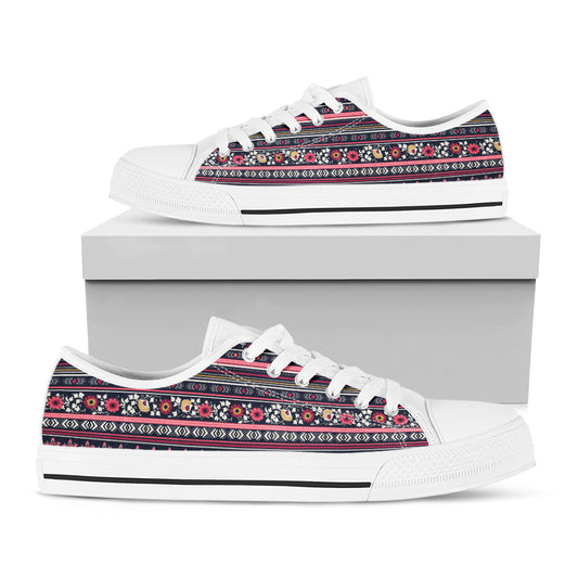 Floral Ethnic Pattern Print White Low Top Shoes