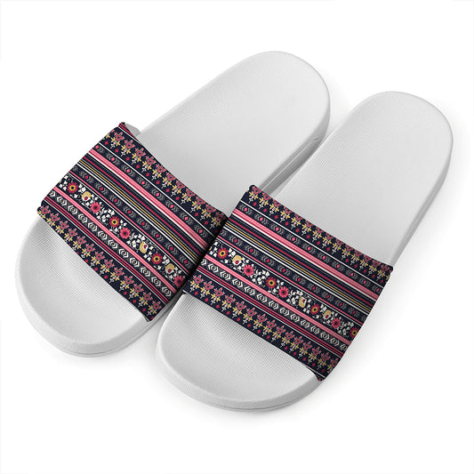 Floral Ethnic Pattern Print White Slide Sandals