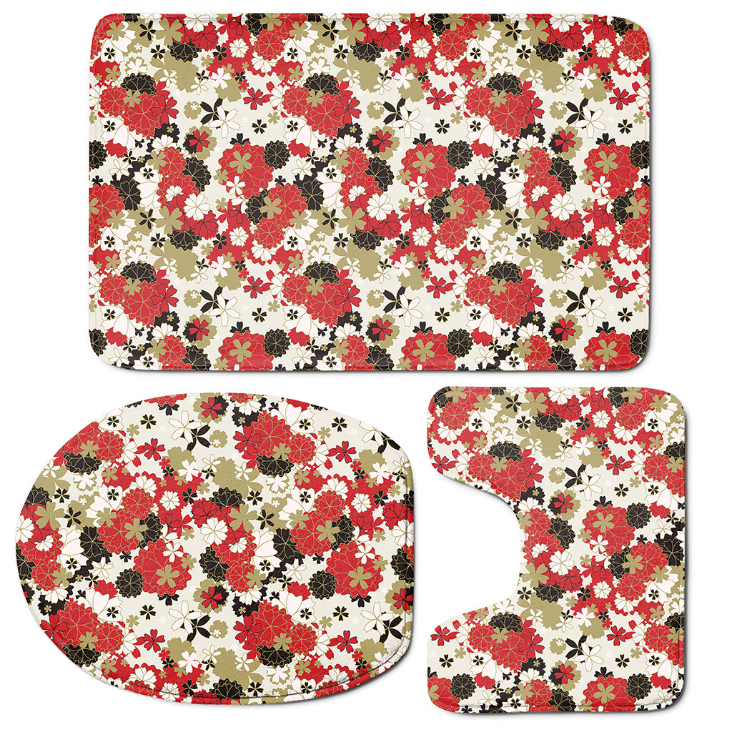 Floral Kimono Pattern Print 3 Piece Bath Mat Set