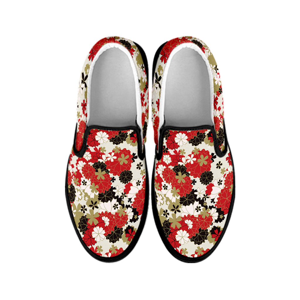Floral Kimono Pattern Print Black Slip On Shoes