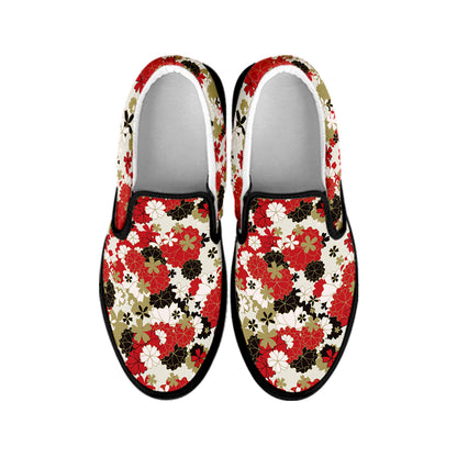 Floral Kimono Pattern Print Black Slip On Shoes