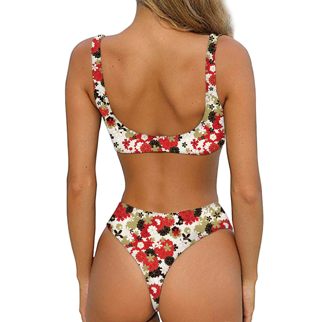 Floral Kimono Pattern Print Front Bow Tie Bikini