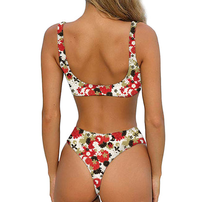 Floral Kimono Pattern Print Front Bow Tie Bikini