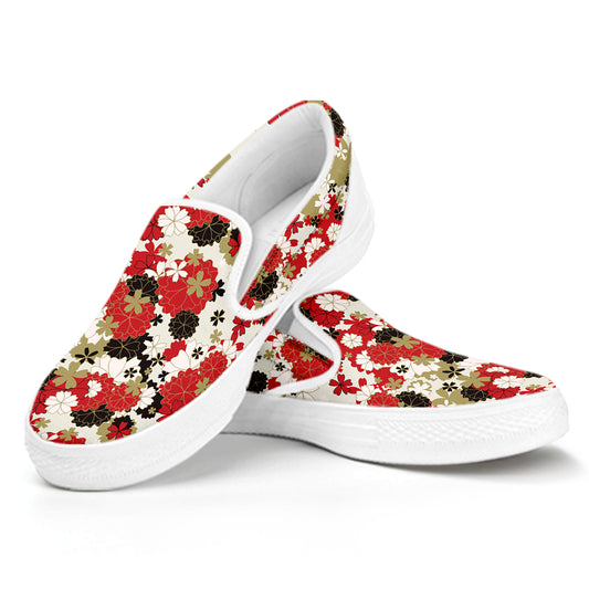 Floral Kimono Pattern Print White Slip On Shoes