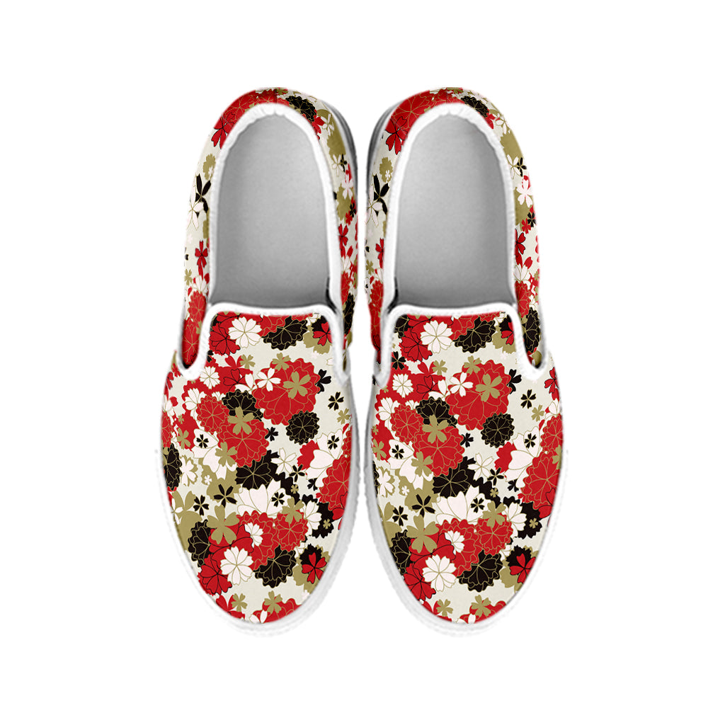 Floral Kimono Pattern Print White Slip On Shoes