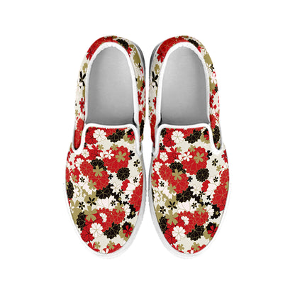 Floral Kimono Pattern Print White Slip On Shoes