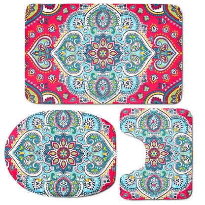 Floral Paisley Mandala Print 3 Piece Bath Mat Set
