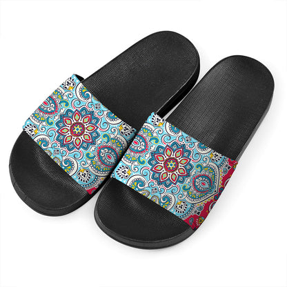 Floral Paisley Mandala Print Black Slide Sandals