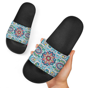 Floral Paisley Mandala Print Black Slide Sandals