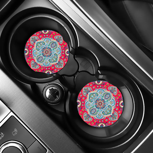 Floral Paisley Mandala Print Car Coasters