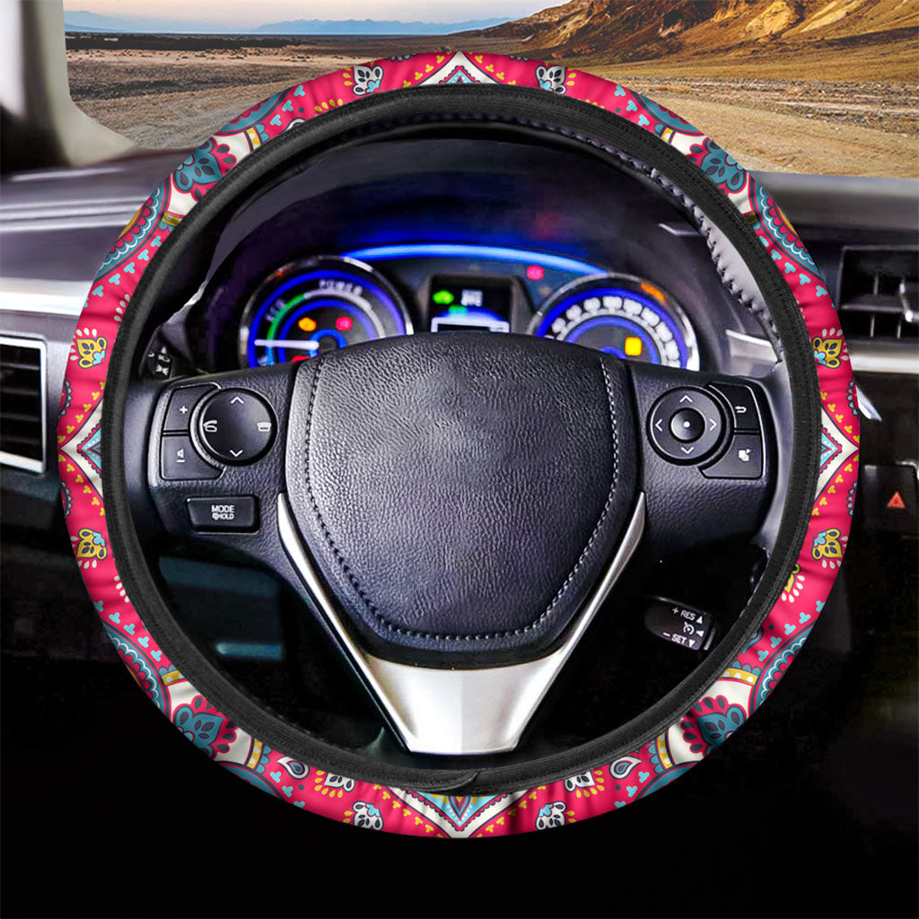 Floral Paisley Mandala Print Car Steering Wheel Cover