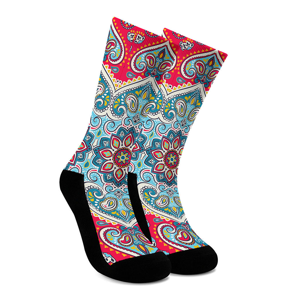 Floral Paisley Mandala Print Crew Socks