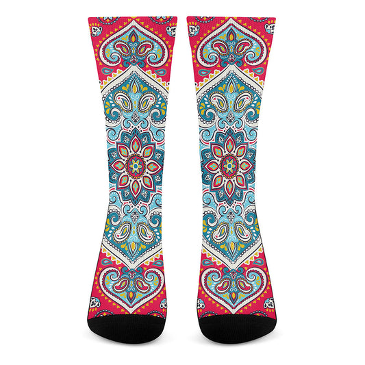 Floral Paisley Mandala Print Crew Socks