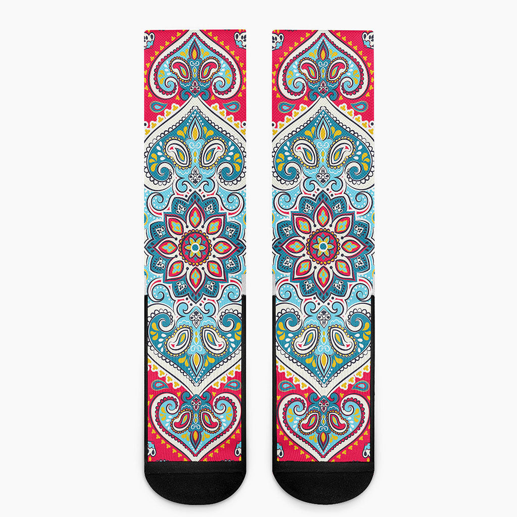 Floral Paisley Mandala Print Crew Socks