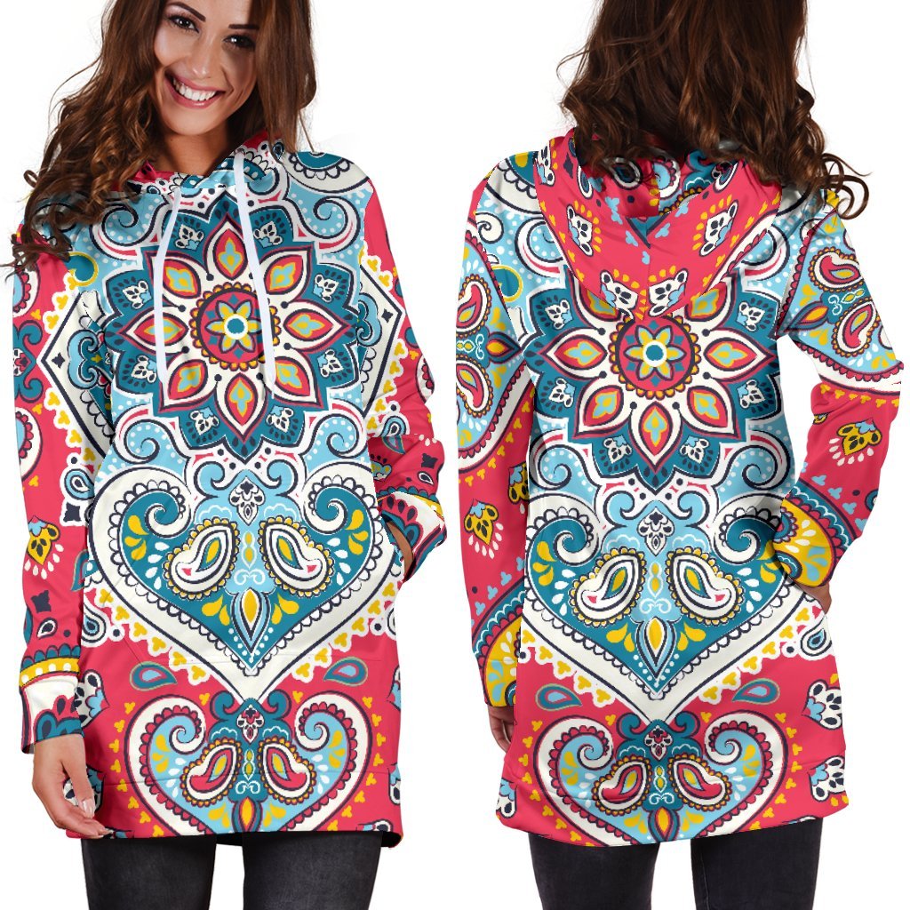 Floral Paisley Mandala Print Hoodie Dress GearFrost