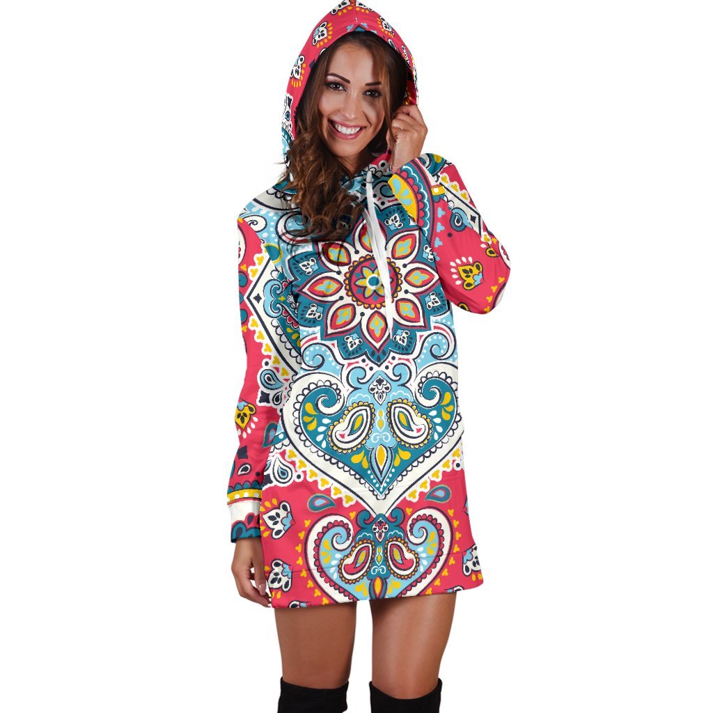 Floral Paisley Mandala Print Hoodie Dress GearFrost