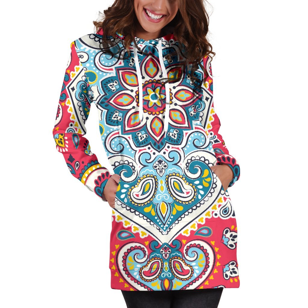Floral Paisley Mandala Print Hoodie Dress GearFrost