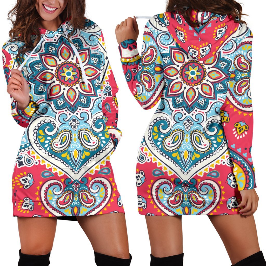 Floral Paisley Mandala Print Hoodie Dress GearFrost