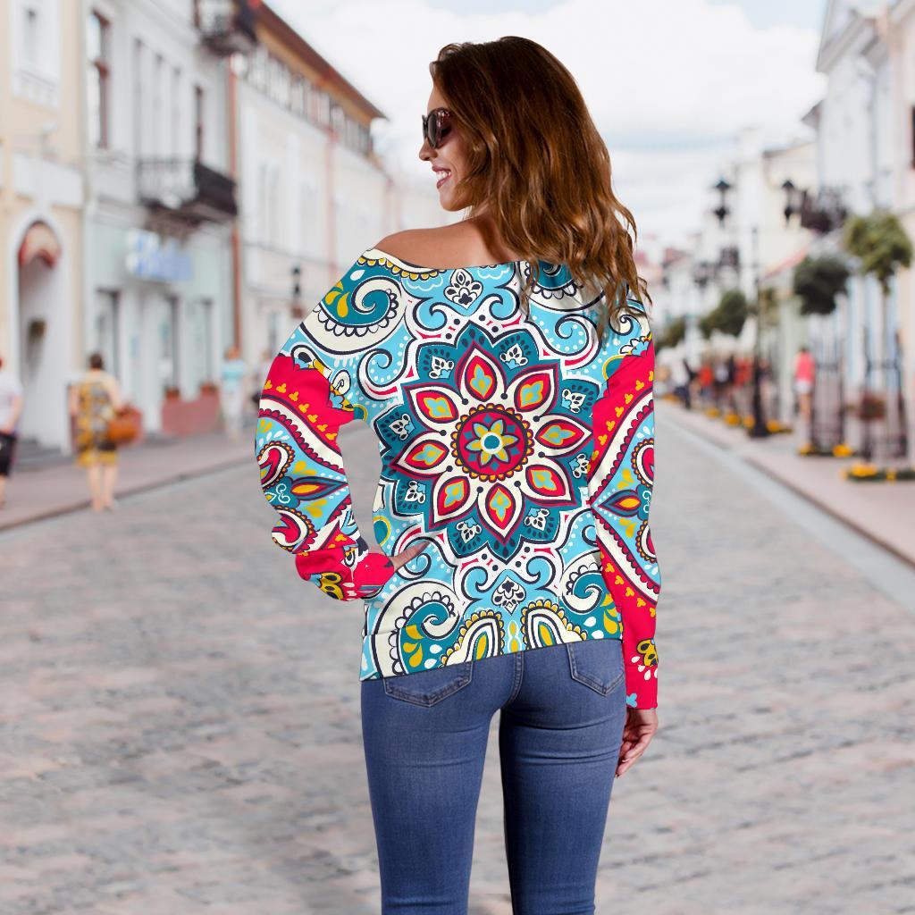 Floral Paisley Mandala Print Off Shoulder Sweatshirt GearFrost