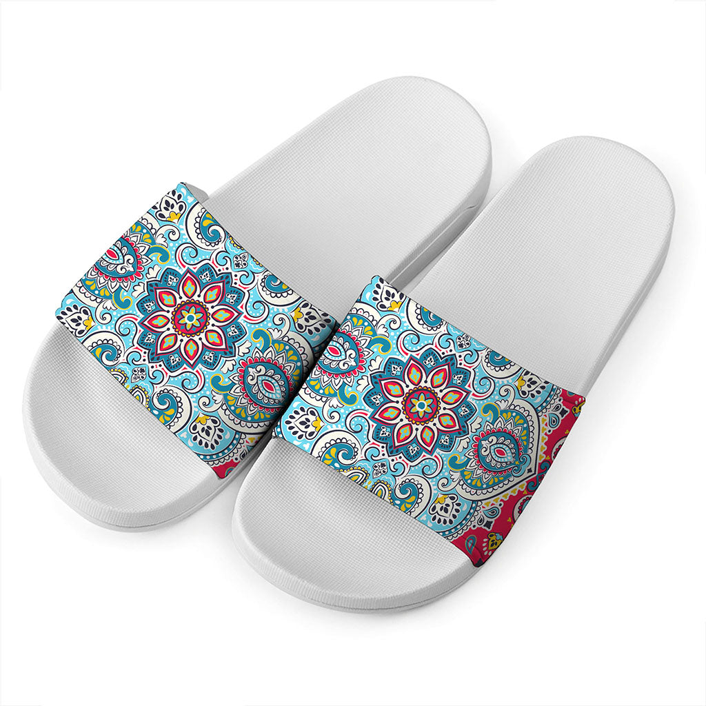 Floral Paisley Mandala Print White Slide Sandals