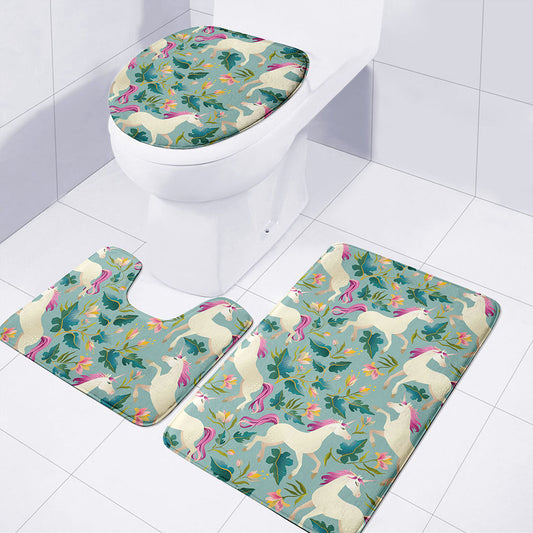 Floral Unicorn Pattern Print 3 Piece Bath Mat Set