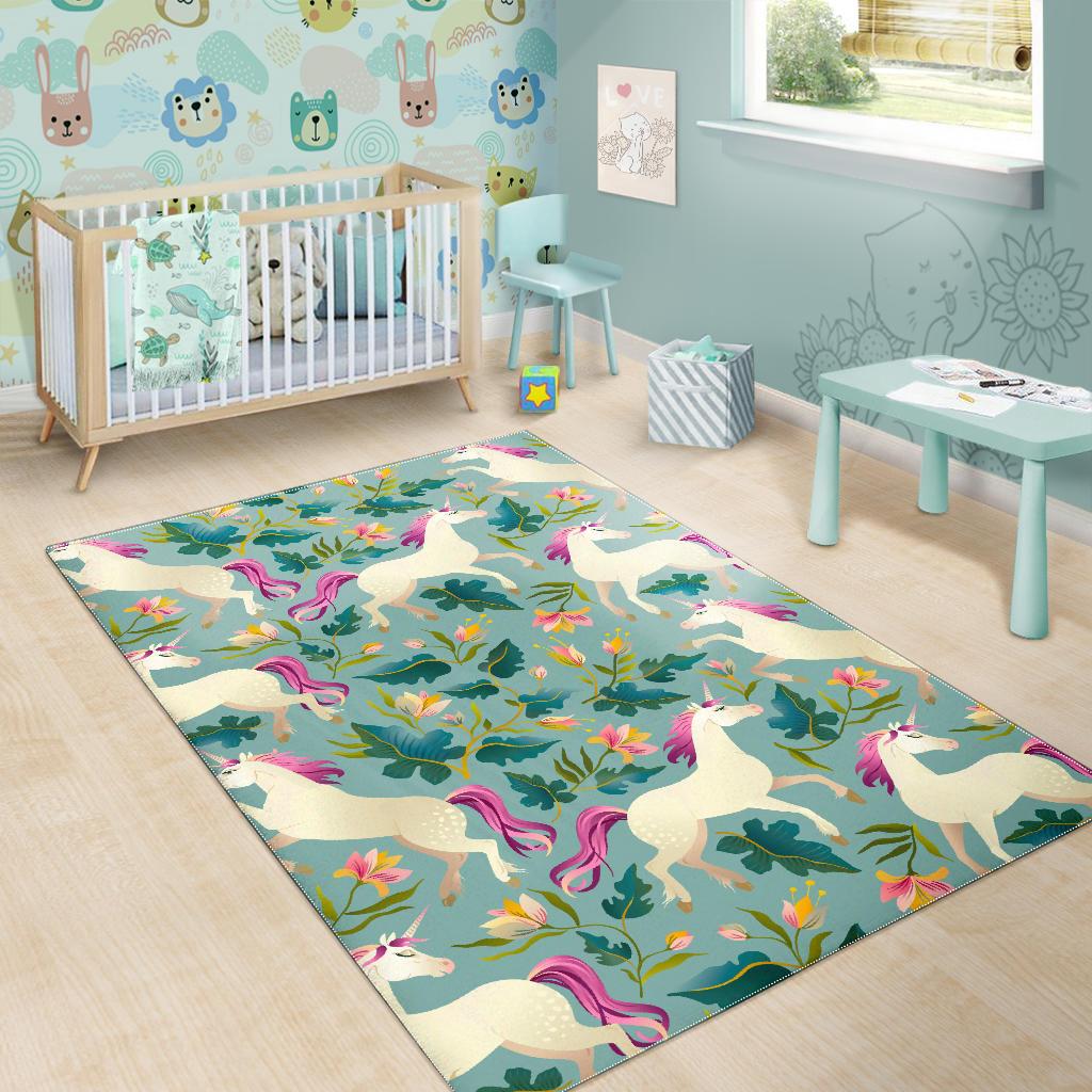 Floral Unicorn Pattern Print Area Rug GearFrost