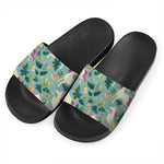 Floral Unicorn Pattern Print Black Slide Sandals