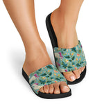 Floral Unicorn Pattern Print Black Slide Sandals