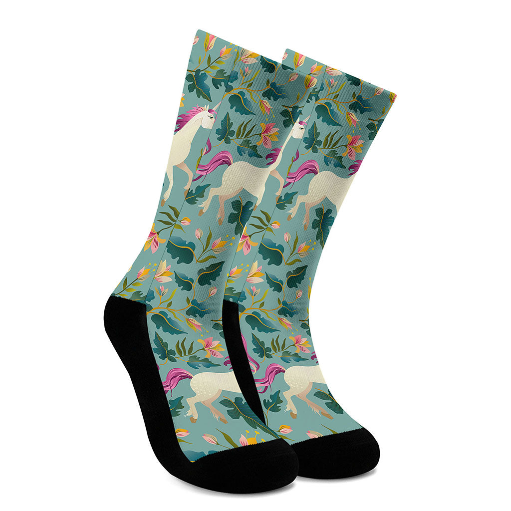 Floral Unicorn Pattern Print Crew Socks