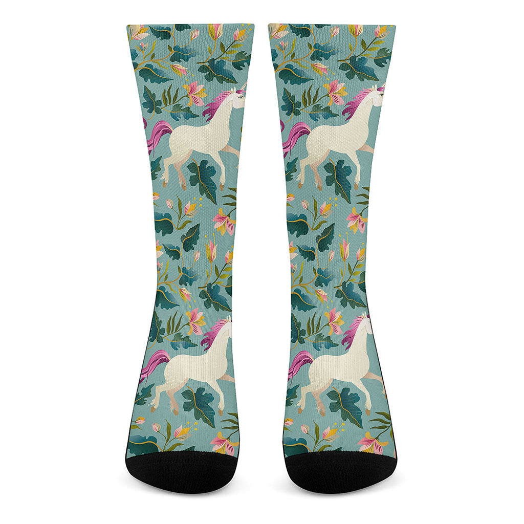 Floral Unicorn Pattern Print Crew Socks