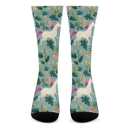 Floral Unicorn Pattern Print Crew Socks