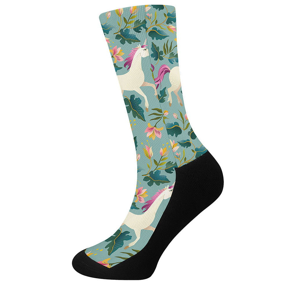 Floral Unicorn Pattern Print Crew Socks