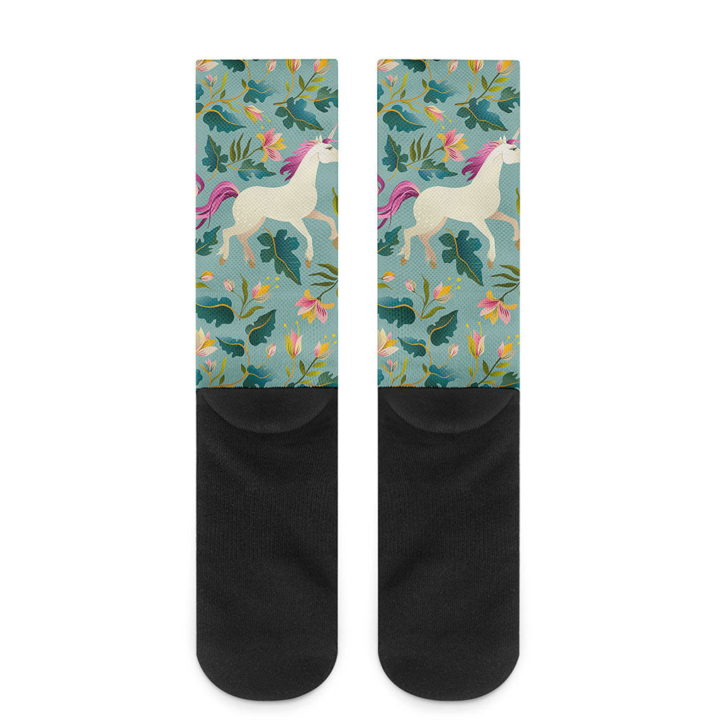 Floral Unicorn Pattern Print Crew Socks