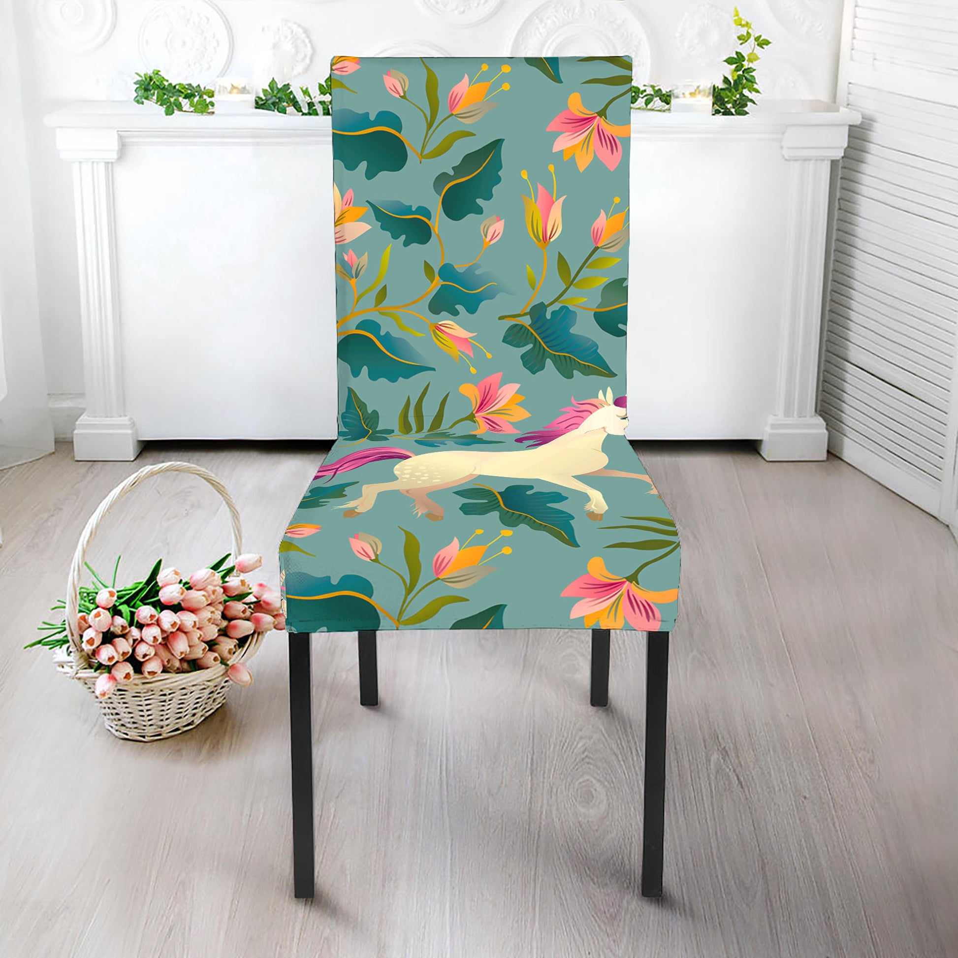 Floral Unicorn Pattern Print Dining Chair Slipcover