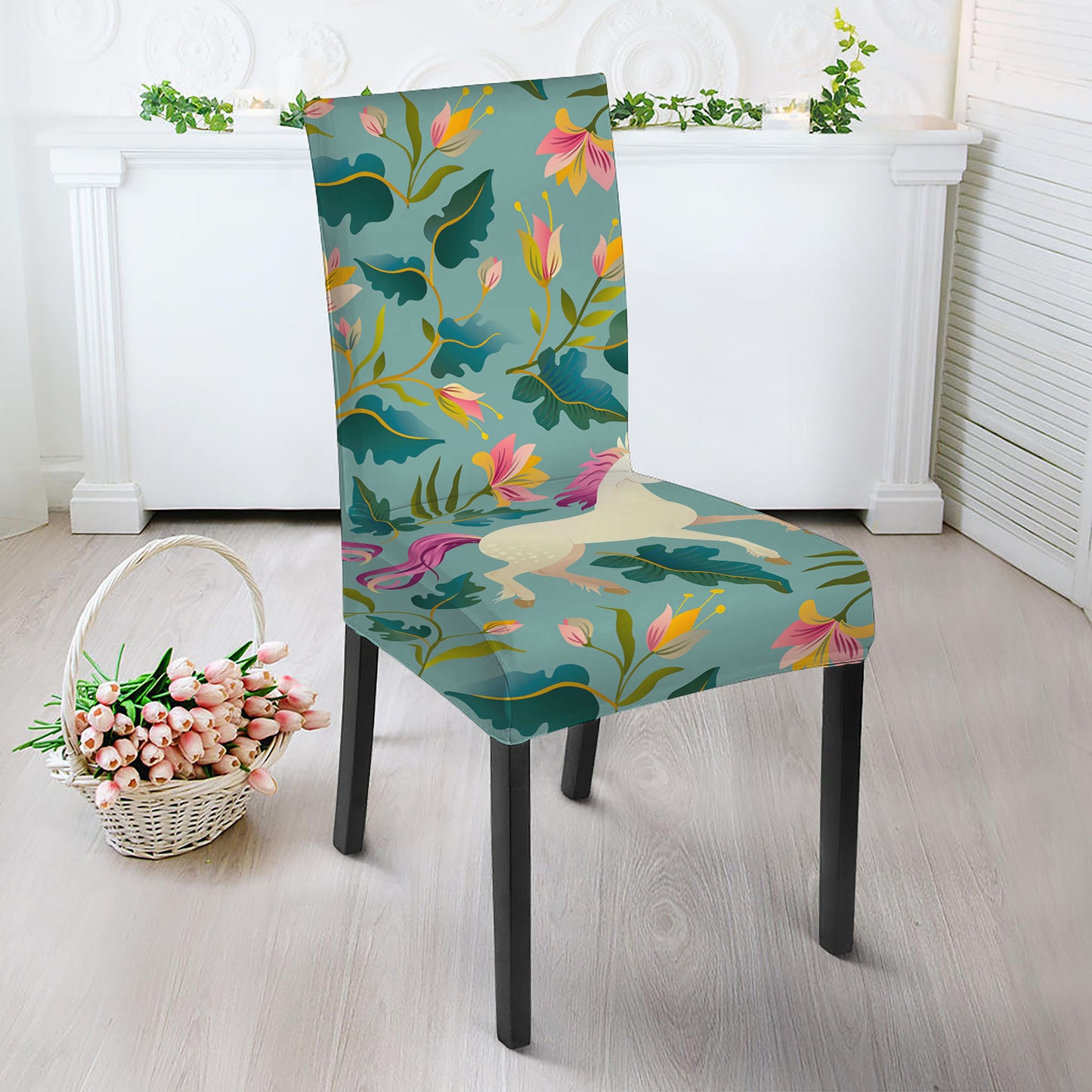 Floral Unicorn Pattern Print Dining Chair Slipcover