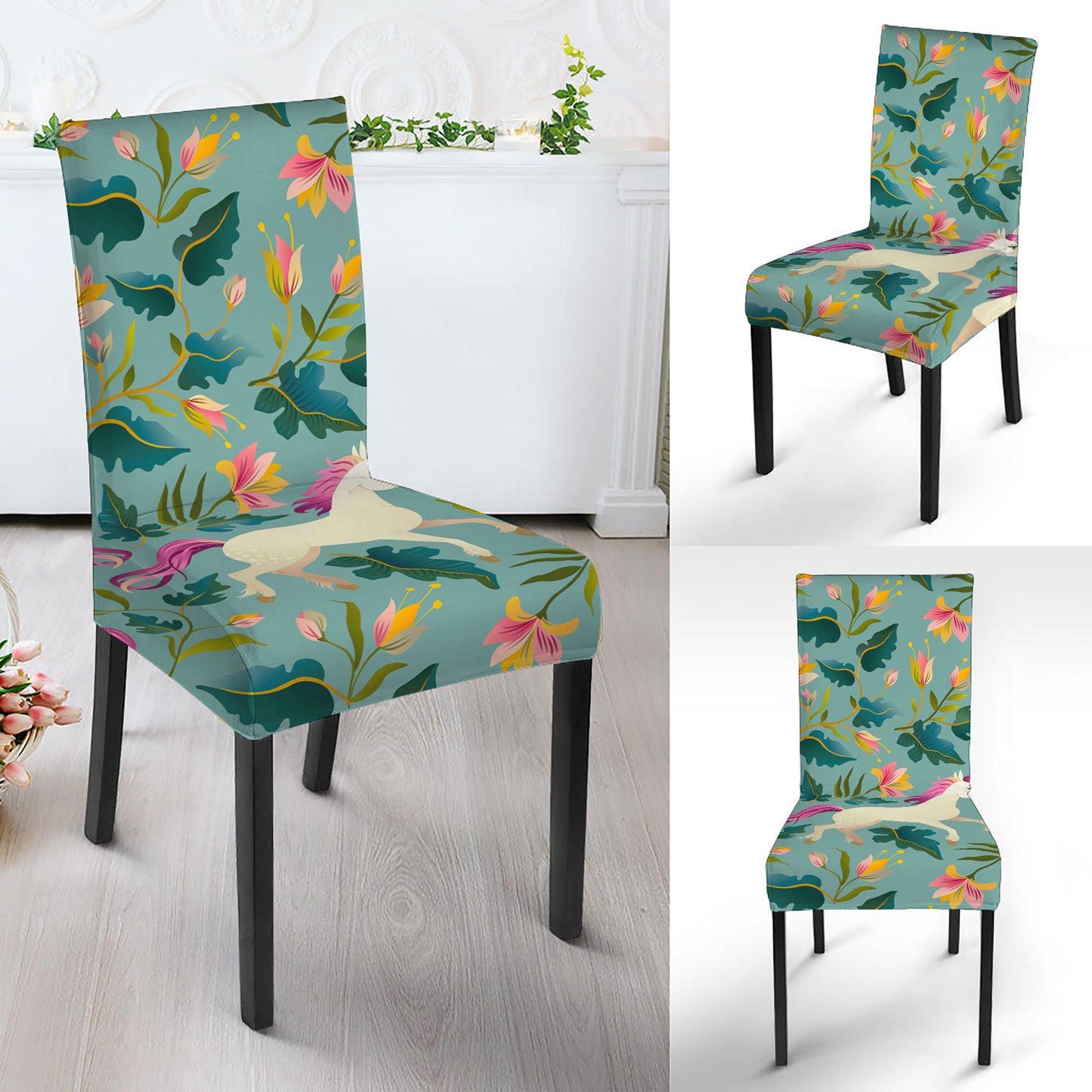 Floral Unicorn Pattern Print Dining Chair Slipcover
