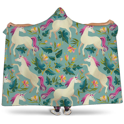 Floral Unicorn Pattern Print Hooded Blanket