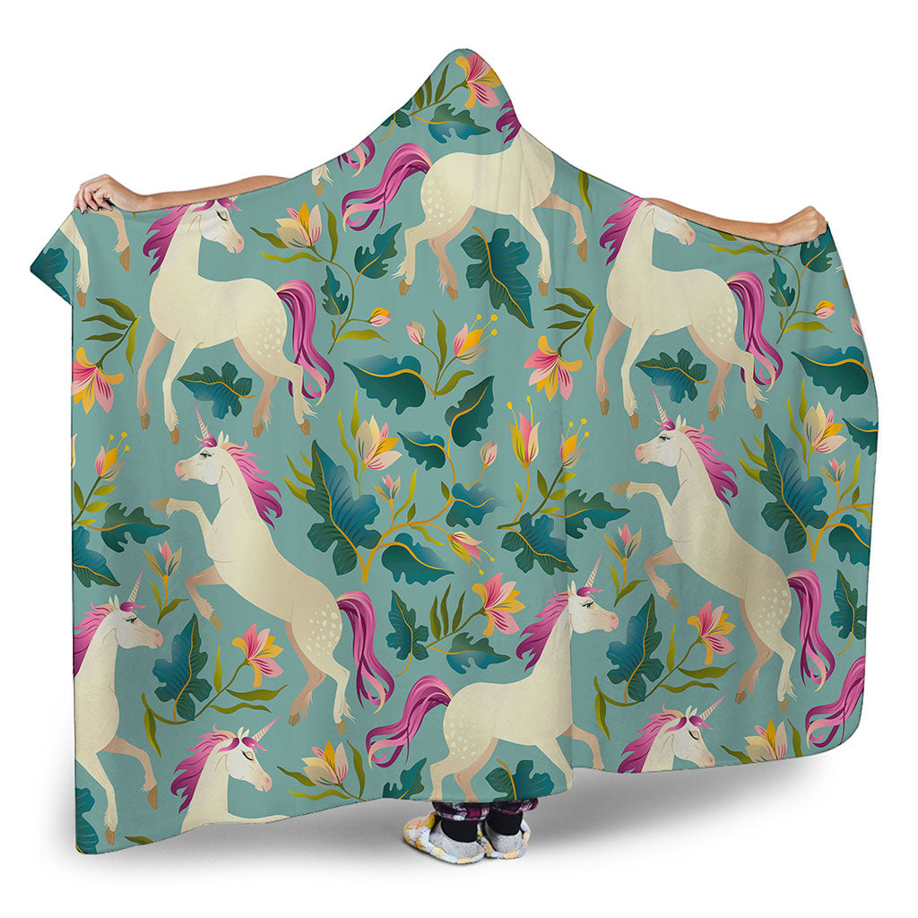 Floral Unicorn Pattern Print Hooded Blanket