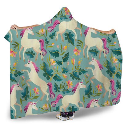 Floral Unicorn Pattern Print Hooded Blanket