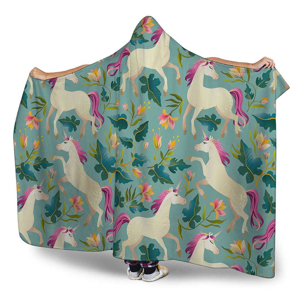 Floral Unicorn Pattern Print Hooded Blanket