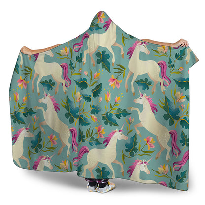 Floral Unicorn Pattern Print Hooded Blanket