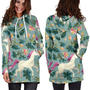 Floral Unicorn Pattern Print Hoodie Dress GearFrost