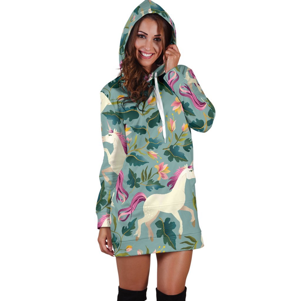 Floral Unicorn Pattern Print Hoodie Dress GearFrost