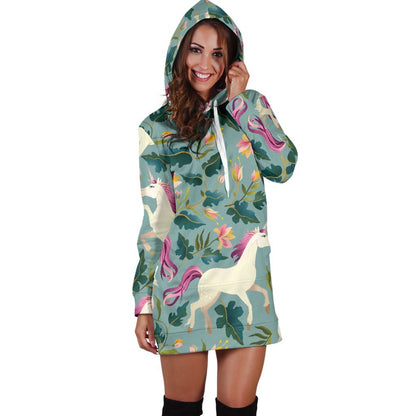 Floral Unicorn Pattern Print Hoodie Dress GearFrost
